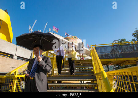 Japanische Touristen auf dem Londoner Southbank schützen sich vor der Sonne mit Sonnenschirmen Stockfoto