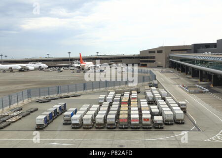 NARITA JAPAN, MAI 2018 : Bodenabfertigung, Frachtcontainer warten auf die Beladung in ein Passagierflugzeug am Flughafen Narita. Stockfoto