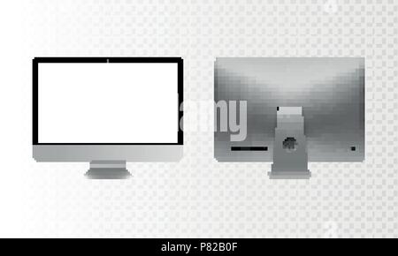 Vektor Abbildung Personal Desktop Computer, PC. Moderne Flachbildschirm. Zurück Seite Computer realistische Darstellung auf einem transparenten karierten Hintergrund isoliert. Weißer Bildschirm mockup. EPS 10. Stock Vektor