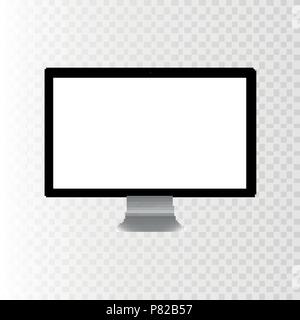 Vektor Abbildung realistischer persönlicher Desktop Computer, PC. Moderne Flachbildschirm. Computer Display auf einem transparenten karierten Hintergrund isoliert. Weißer Bildschirm Mock-up. EPS 10. Stock Vektor