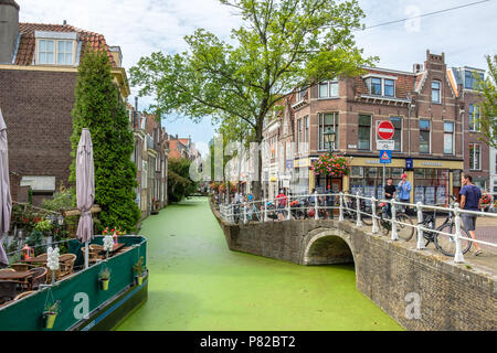 Touristen und Käufer neben einem Kanal im Zentrum von Delft, Niederlande Stockfoto