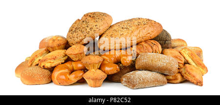Sammlung von Brot Produkte (Brötchen, Baguette, Brot, Müsli, Muffins, Ciabatta, Croissants) auf einem weißen Hintergrund. Stockfoto