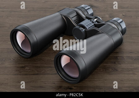 Fernglas auf dem hölzernen Tisch, 3D-Rendering Stockfoto