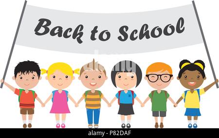 Kinder halten sich an den Händen mit einem Schild Zurück zur Schule Stock Vektor