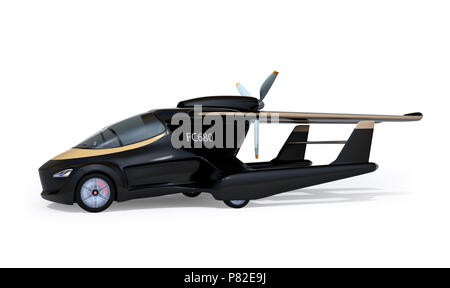 Futuristische autonomen Auto auf weißem Hintergrund. Die Flügel nach hinten in kompakter Größe. Fliegendes Auto Konzept. 3D-Bild. Stockfoto