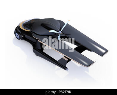 Futuristische autonomen Auto auf weißem Hintergrund. Die Flügel nach hinten in kompakter Größe. Fliegendes Auto Konzept. 3D-Bild. Stockfoto