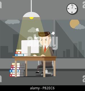 Schwere Boss. älterer Geschäftsmann an seinem Schreibtisch mit Verärgerten Gesicht sitzen. business Mann im Büro arbeiten bis in die Nacht Zeit mit Stress von überforderungen. o Stock Vektor
