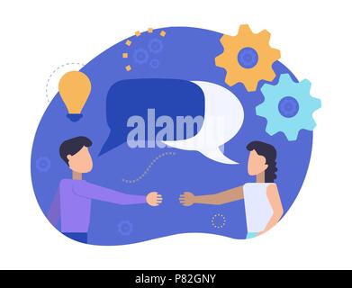 Mann und Frau sind einander die Hände zu schütteln. Partner kommunizieren und sprechen. Unternehmer diskutieren, Nachrichten, soziale Netzwerke, Chats, dialog Sprechblasen. Vector Illustration der Zeichen Stock Vektor
