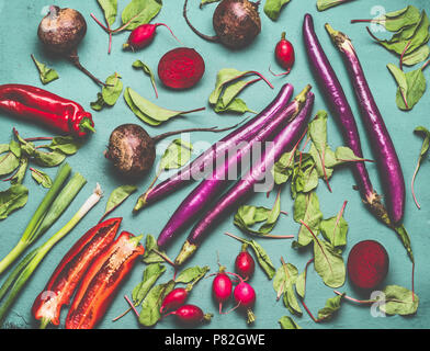 Gesund vegetarisch und vegan Kochen und Essen mit saisonalen organischen Ernte Gemüse. Clean Food Konzept. Verschiedene Gemüse auf Blau Grün backgro Stockfoto