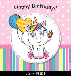 Grußkarte niedlichen Einhorn mit Ballon Stock Vektor