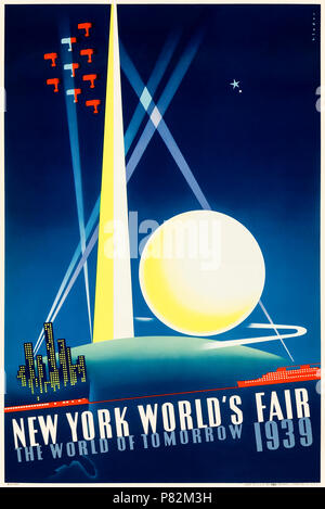 "In New York World's Fair 1939" Plakat von Joseph Binder (1898-1972), der die Trylon und Perisphere, Transport und Strahler und dem neuen Werbeslogan "Farnell - die Welt von Morgen". Weitere Informationen finden Sie unten. Stockfoto