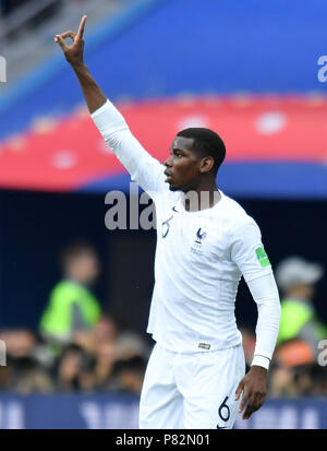 Nischnij Nowgorod, Russland - Juli 06: Paul Pogba von Frankreich reagiert während der FIFA WM 2018 Russland Viertel Finale zwischen Uruguay und Frankreich in Nizhny Novgorod Stadion am 6. Juli 2018 in Nischni Nowgorod, Russland. (Foto von Lukasz Laskowski/PressFocus/MB Medien) Stockfoto