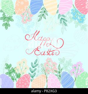 Vector Illustration. Ostern Eier. Blätter und Blüten. Die Inschrift "Frohe Ostern". Karte. Blauen Hintergrund. Stock Vektor