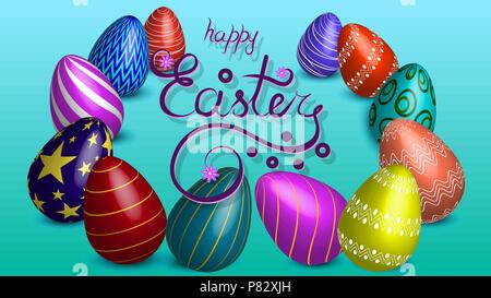 Vector Illustration mit Eiern.. Beschriftung - Frohe Ostern. Blauer Hintergrund Stock Vektor