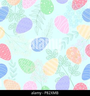 Vector Illustration. Nahtlose Muster. Ostern Eier. Blätter und Blüten. Karte. Blauen Hintergrund. Stock Vektor