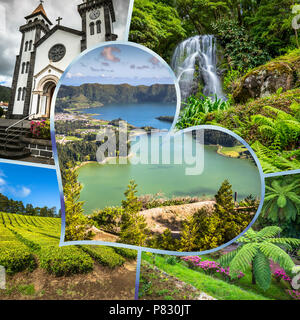 Collage der Azoren Panoramablick auf die Landschaft aus Lagunen Portugal Stockfoto