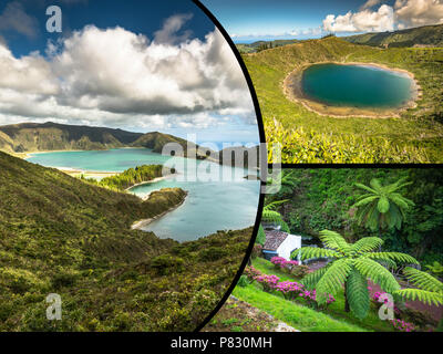 Collage der Azoren Panoramablick auf die Landschaft aus Lagunen Portugal Stockfoto