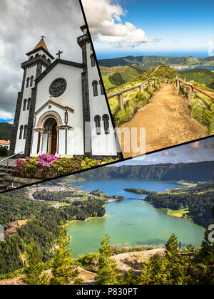 Collage der Azoren Panoramablick auf die Landschaft aus Lagunen Portugal Stockfoto