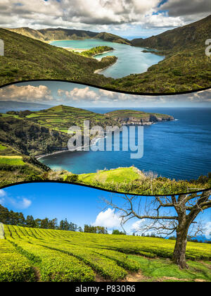 Collage der Azoren Panoramablick auf die Landschaft aus Lagunen Portugal Stockfoto