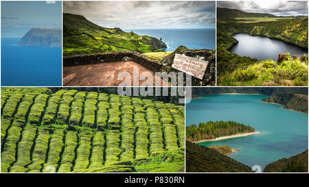 Collage der Azoren Panoramablick auf die Landschaft aus Lagunen Portugal Stockfoto