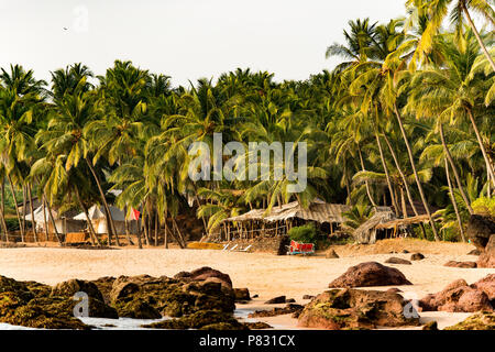 Schönen und erholsamen Strand von grünen Palmen bei Sonnenuntergang flankiert. Cochin, Kerala, Indien. Stockfoto