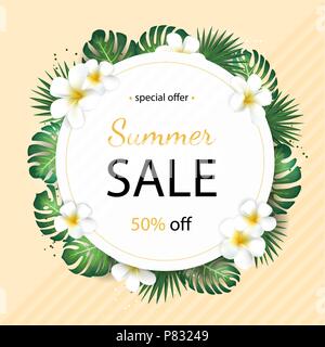 Summer Sale Hintergrund mit tropischen Palmen Blätter und plumeria Flower. Plakat für Print, Party Einladung, Verkauf Design. Stock Vektor