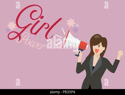 Business Frau mit einem Megafon mit Wort Girl Power. Feministische Konzept Stock Vektor