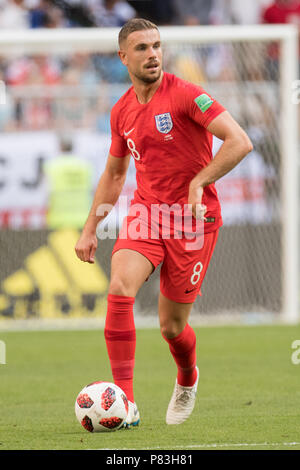 Samara, Russland. 07 Juli, 2018. Jordan Henderson (ENG) mit Kugel, Einzelne mit Kugel, Aktion, vollständige Abbildung, Vertikal, Schweden (SWE) - England (ENG) 0:2, Viertelfinale, Spiel 60, 07/07/2018 in Samara; Fußball-WM 2018 in Russland vom 14.06. - 15.07.2018. | Verwendung der weltweiten Kredit: dpa/Alamy leben Nachrichten Stockfoto