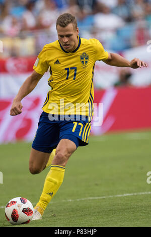 Samara, Russland. 07 Juli, 2018. Viktor CLAESSON (SWE) mit Kugel, Single Action mit Kugel, Aktion, vollständige Abbildung, Vertikal, Schweden (SWE) - England (ENG) 0:2, Viertelfinale, Spiel 60, 07-07-2018 in Samara; Fußball-WM 2018 in Russland vom 14.06. - 15.07.2018. | Verwendung der weltweiten Kredit: dpa/Alamy leben Nachrichten Stockfoto