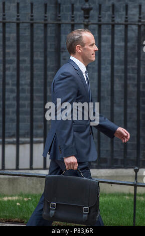 Downing Street, London, UK. 9. Juli, 2018. Dominic Raab Blätter 10 Downing Street nach dem neuen Staatssekretär für das Verlassen der Europäischen Union im Anschluss an die 24:00 Uhr Rücktritt von David Davis und den späteren Rücktritt von Boris Johnson als Außenminister ernannt. Credit: Malcolm Park/Alamy Leben Nachrichten. Stockfoto