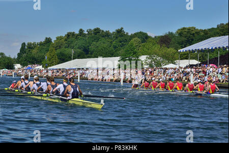 Henley-on-Thames, UK. 8. Juli 2018. Die Grand Challenge Cup Mens 8. . Georgina Hoffnung Rinehart National Training Center Australien (in der Nähe von Seite Nr. 2) beat Clubul Sportiv, Dinamo Bucuresti und Clubul Sportiv al Das Rektoratsgebäude, Steaua Bucuresti Rumänien durch 3/4-Länge. Australien einen neuen Streckenrekord von 5:53 Minuten und sind die schnellsten Crew an die Henley Kurs je Zeile Stockfoto