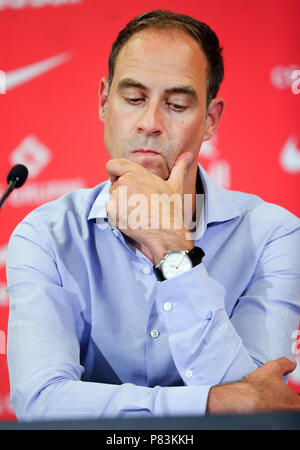 Leipzig, Deutschland. 09 Juli, 2018. Fussball: Bundesliga, Pressekonferenz über die Ausbildung von RB Leipzig bei Red Bull Academy: Leipziger CEO Oliver Mintzlaff liefert eine Aussage während einer Pressekonferenz. Kredite: Jan Woitas/dpa-Zentralbild/dpa/Alamy leben Nachrichten Stockfoto