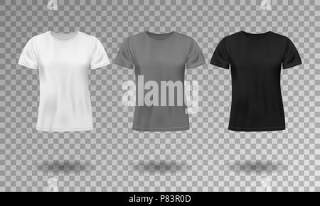 Schwarz, Weiß und Grau realistische Männer t-shirt mit kurzen Ärmeln. Leer t-shirt Vorlage isoliert. Baumwolle Mann T-Shirt Design. Vector Illustration Stock Vektor