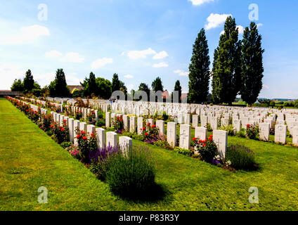 Grabsteine des Commonwealth Soldaten im Ersten Weltkrieg Linie getötet die Gräber am Tyne Cot Friedhof in der Nähe von Ypern in Belgien Stockfoto