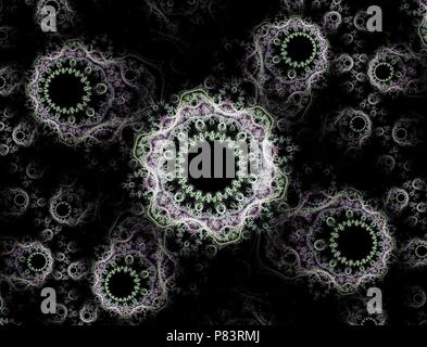 Helle fractal Abstraktion. Muster von Blumen und Kreise. Schwarzer Hintergrund Stockfoto
