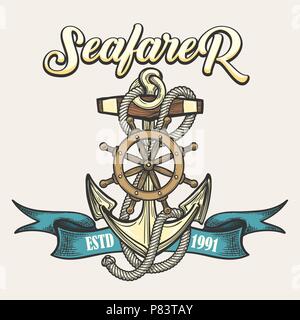 Nautische vintage Label, Emblem oder Drucken im Tattoo Style. Anker, Seil, Lenkrad und Farbband. Vector Illustration. Stock Vektor