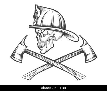 Feuerwehrmann Schädel in Helm und zwei gekreuzten Achsen in Tattoo Stil gezeichnet. Vector Illustration. Stock Vektor