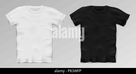 Schwarze und weiße realistische männliche t-shirt. Leer Sport t-shirt Vorlage isoliert. Baumwolle Mann T-Shirt Design. Vector Illustration Stock Vektor