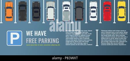 Stadt Parkplatz mit einer Gruppe von verschiedenen Autos Ansicht von oben. Öffentlicher Parkplatz. Vektor Flachbild Illustration für Web oder Poster Banner. Stock Vektor