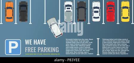 Stadt Parkplatz mit einer Gruppe von verschiedenen Autos Ansicht von oben. Öffentlicher Parkplatz. Vektor Flachbild Illustration für Web oder Poster Banner. Stock Vektor