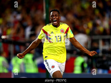 Moskau, Russland - Juli 03: yerry Mina von Kolumbien feiert sein Ziel (1-1), während der FIFA WM Russland 2018 Umlauf von 16 Match zwischen Kolumbien und England bei Spartak Stadium am Juli 3, 2018 in Moskau, Russland. (MB) Stockfoto