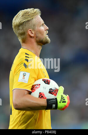 Nischnij Nowgorod, Russland - Juli 01: Kasper Schmeichel von Dänemark bei der Fußball-WM Russland 2018 Umlauf von 16 Match zwischen Kroatien und Dänemark in Nizhny Novgorod Stadion am 1. Juli 2018 in Nischni Nowgorod, Russland. (Foto von Lukasz Laskowski/PressFocus/MB Medien) Stockfoto