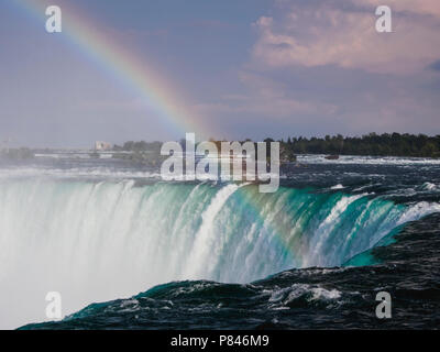 Eine breite Aufnahme der Horseshoe Falls, Niagara Falls, Ontario, Kanada an einem sonnigen Tag mit voller Regenbogen Stockfoto