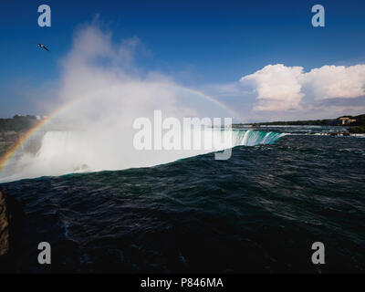 Eine breite Aufnahme der Horseshoe Falls, Niagara Falls, Ontario, Kanada an einem sonnigen Tag mit voller Regenbogen Stockfoto