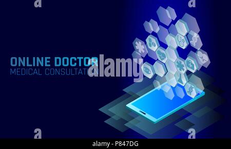 Doktor online Medizinische app mobile Anwendungen. Digitales Gesundheitswesen Medizin Diagnose Konzept Banner. Das Herz des Menschen Auge DNA-Symbol Sechseck innovation Technologie Vector Illustration Stock Vektor