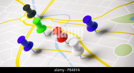 Route planen Konzept. Bunte push Pins, auf einer Karte Hintergrund. 3D-Darstellung. Stockfoto