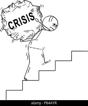 Cartoon von Mann, im Obergeschoss grosses Stück Rock mit Text Krise Stock Vektor