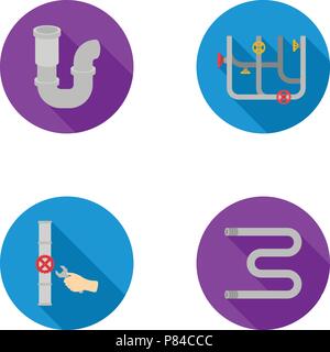 Einen Siphon, Handtuchwärmer und andere Ausrüstung. Sanitär set Sammlung Icons im flachen Stil vektor Symbol lieferbar Abbildung. Stock Vektor