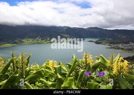 Blick in die Caldeira von Sete Cidades auf Sao Miguel (Azoren) mit Blumen im Hintergrund Stockfoto