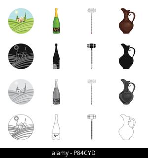 Grape Valley, eine Flasche Champagner, eine Kanne Wein, ein alcoholometer. Wein - Set Sammlung Icons in Cartoon schwarz monochrome Outline style vect Stock Vektor